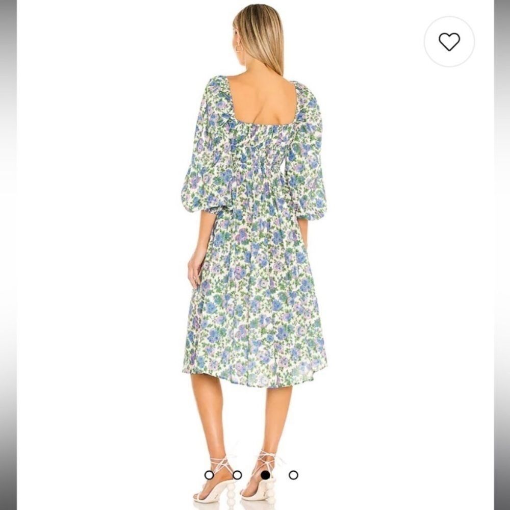 For Love & Lemons Bridget Midi White Green Dress Floral Puff Size S - Picture 4 of 13